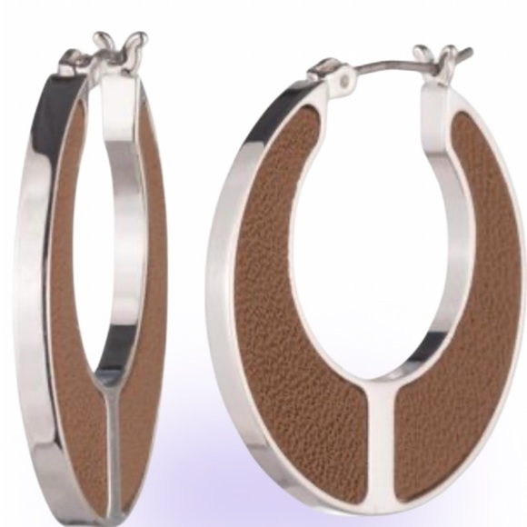 Ralph Lauren Silver and Brown Leather Hoop Earrings - Picture 10 of 10